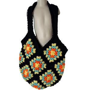 Handmade Granny Square Crochet Shoulder Bag Black Yellow Orange Retro Tote Y2K